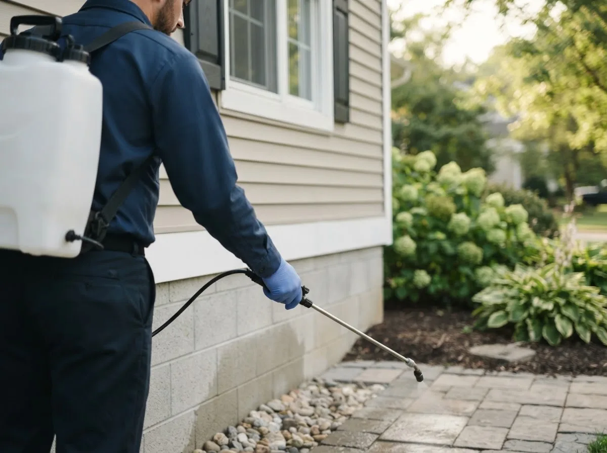 Pest control technician inspecting a home in Garden City, MN